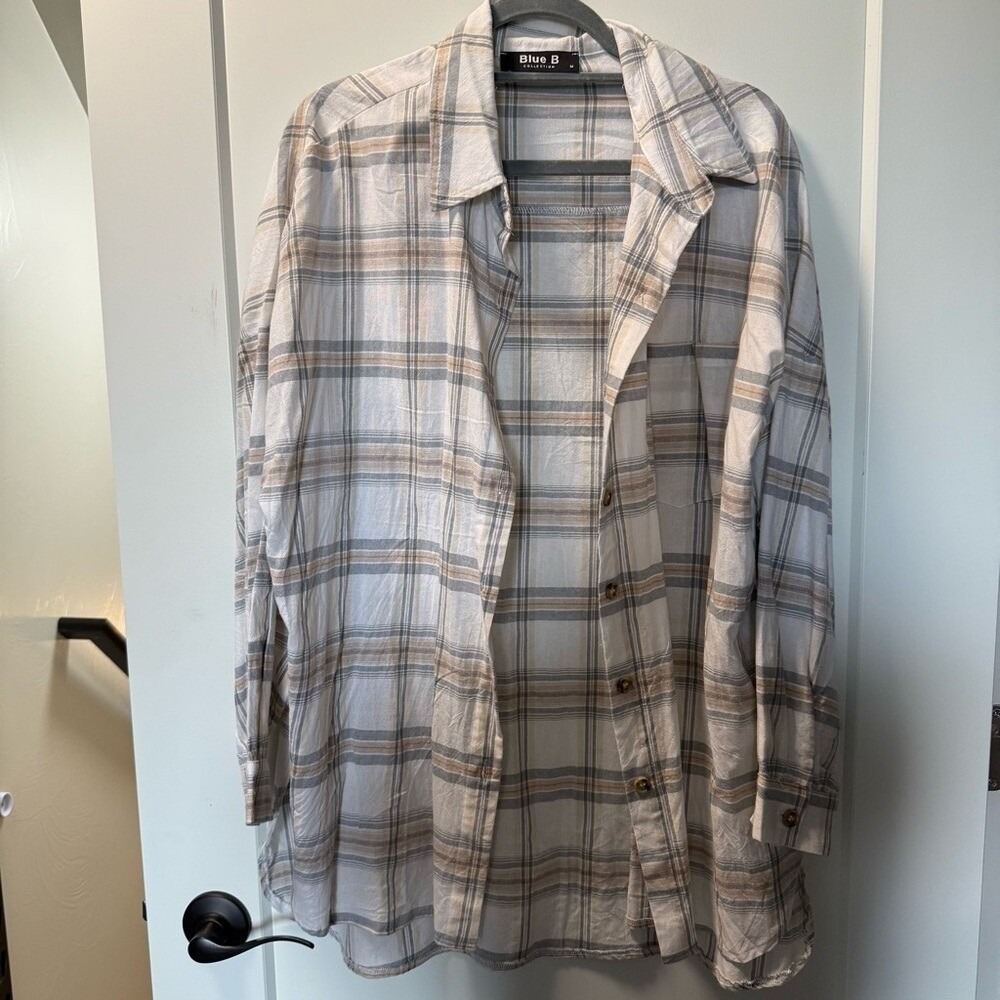 Blue B Collection Women's Oversized 100% Cotton Plaid OverShirt White Neutral M